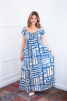 Vestido Longo Cecília – Manga Ciganinha em Viscolinho com Bolsos Laterais