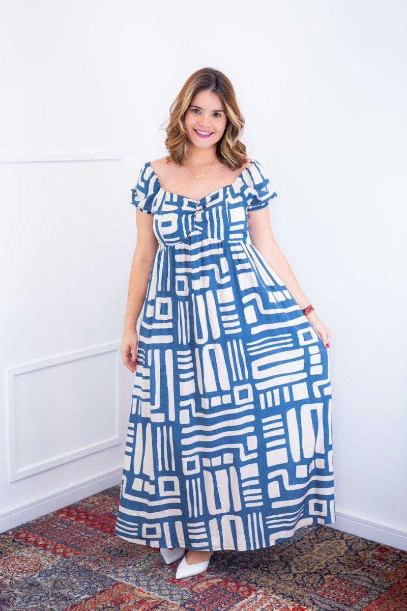 Vestido Longo Cecília – Manga Ciganinha em Viscolinho com Bolsos Laterais