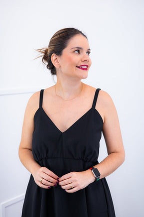 Vestido Malu – Alça Ajustável em Viscose Marrant com Saia Evasê e Bolsos