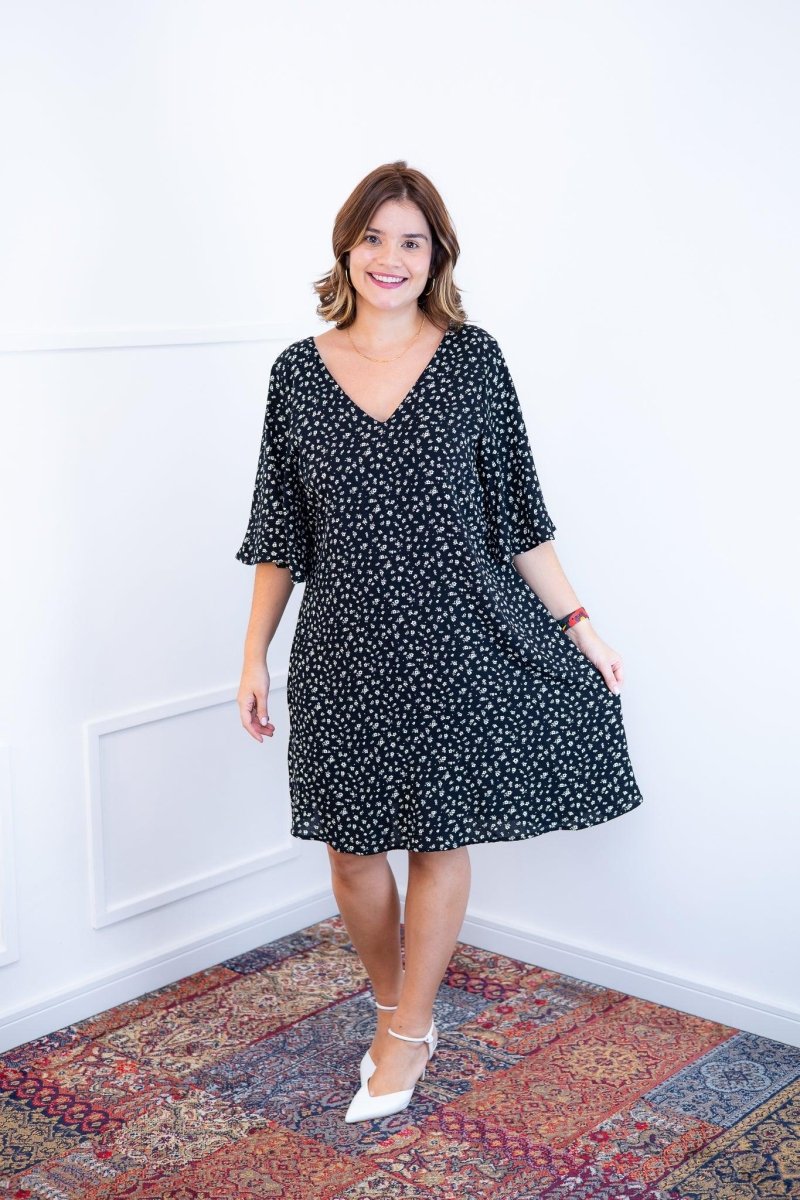 Vestido Sabrina - Decote V Manga Morcego em Viscolinho