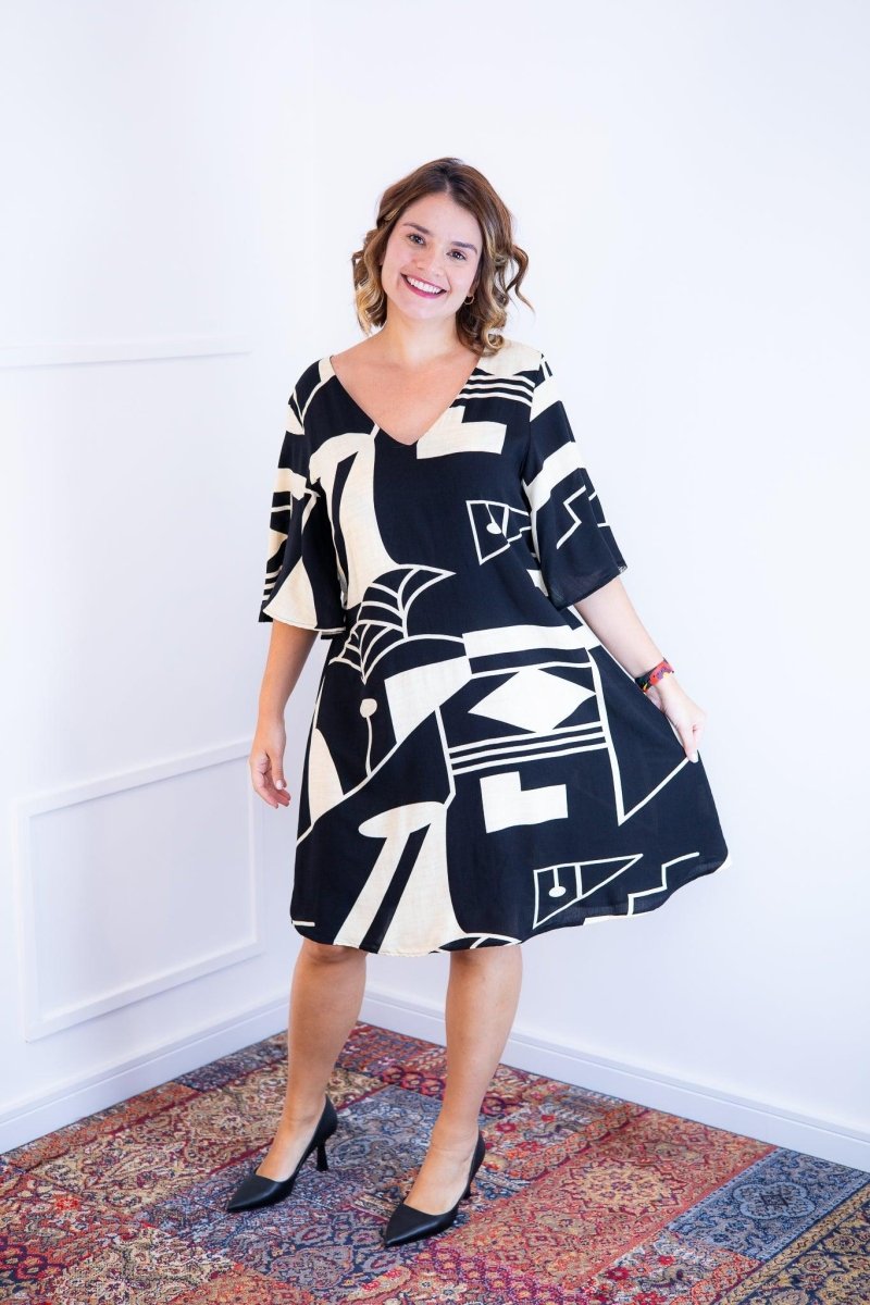 Vestido Sabrina - Decote V Manga Morcego em Viscolinho