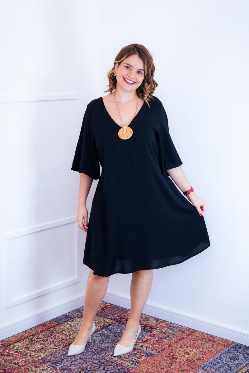 Vestido Sabrina - Decote V Manga Morcego em Viscolinho