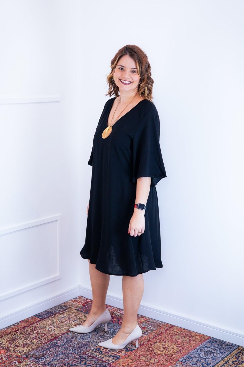 Vestido Sabrina - Decote V Manga Morcego em Viscolinho